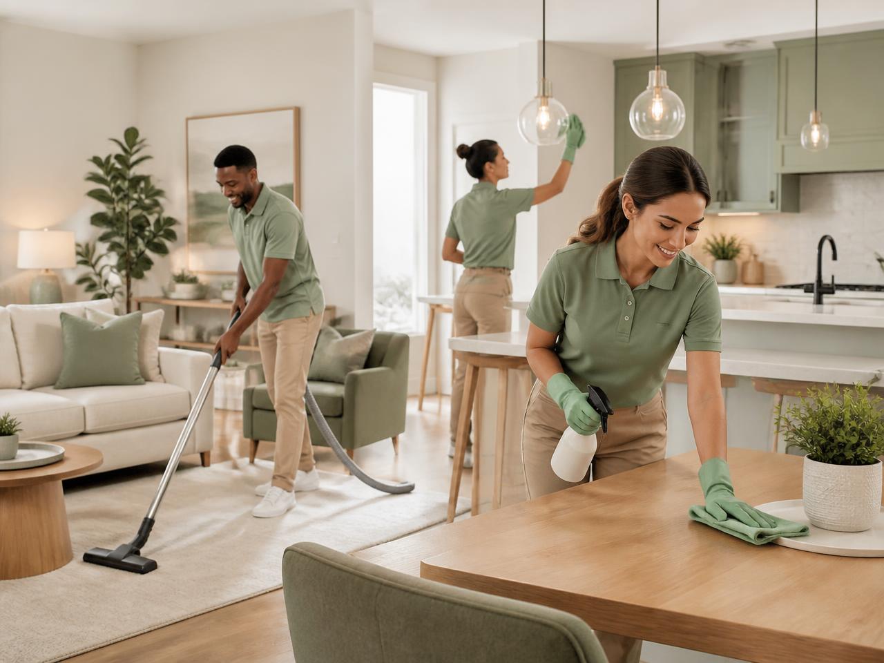 Professional cleaning team caring for a bright modern home